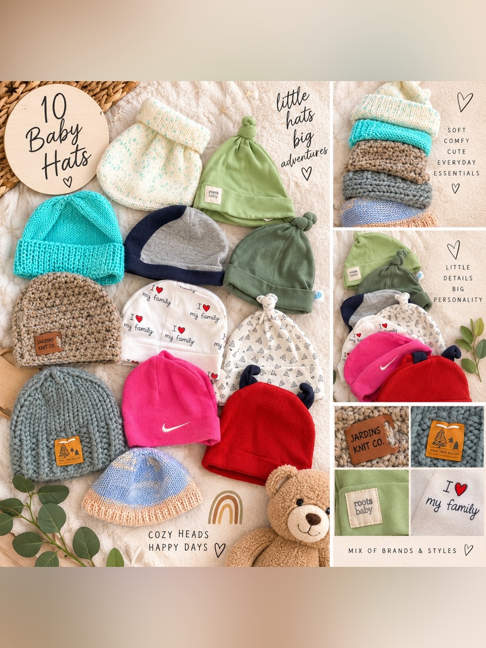 Baby Hat Bundle – 10 Assorted Beanies & Caps Mixed Brands/Sizes
